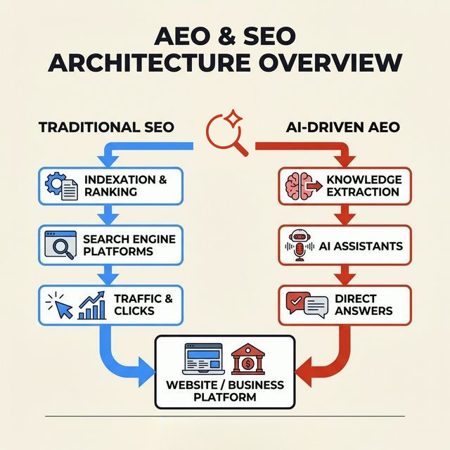 AEO and SEO search process diagram showing how user search queries flow through traditional SEO (Google, Bing) and AI-driven AEO (ChatGPT, AI assistants) to reach your business platform