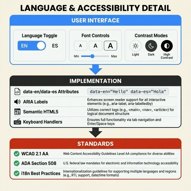 Language and Accessibility technical implementation detail showing three layers: User Interface (language toggle, font controls, contrast modes), Implementation (data attributes, ARIA labels, semantic HTML5), and Standards (WCAG 2.1 AA, ADA Section 508, i18n)