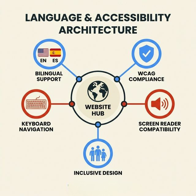 Language and Accessibility architecture overview showing Website Hub branching to Bilingual Support, WCAG Compliance, Keyboard Navigation, Screen Reader Compatibility, and Inclusive Design